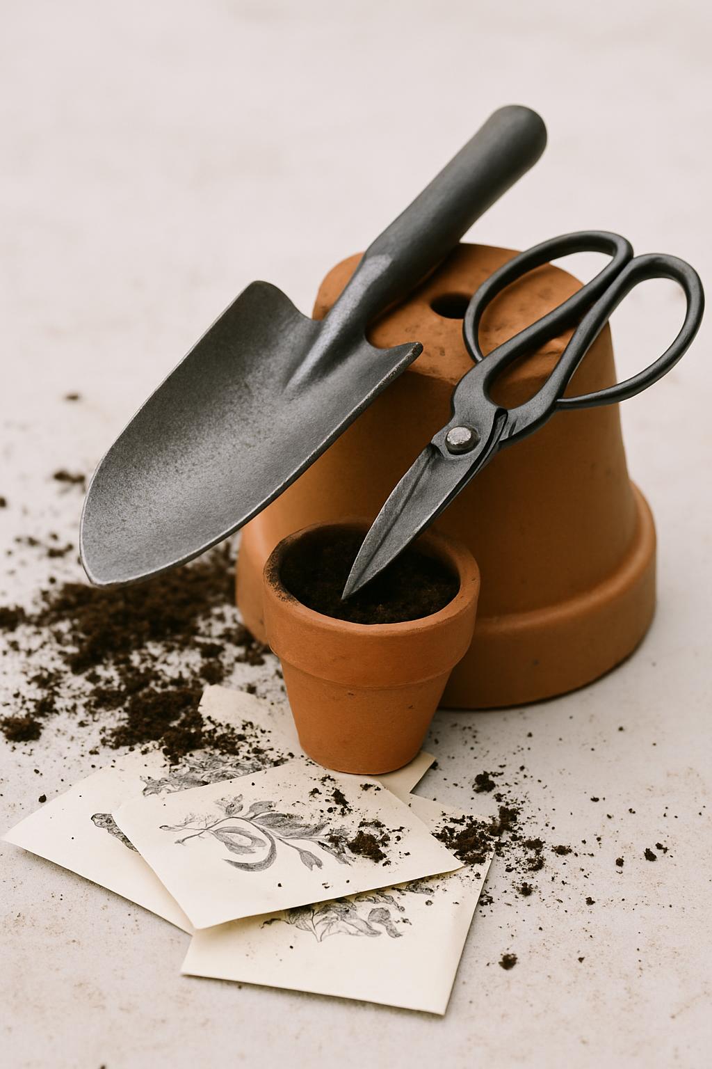 Forged trowel and secateurs on a terracotta pot beside scattered soil and seed packets